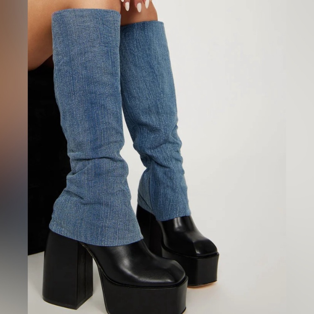 Chunky platform boots with denim tops on legs